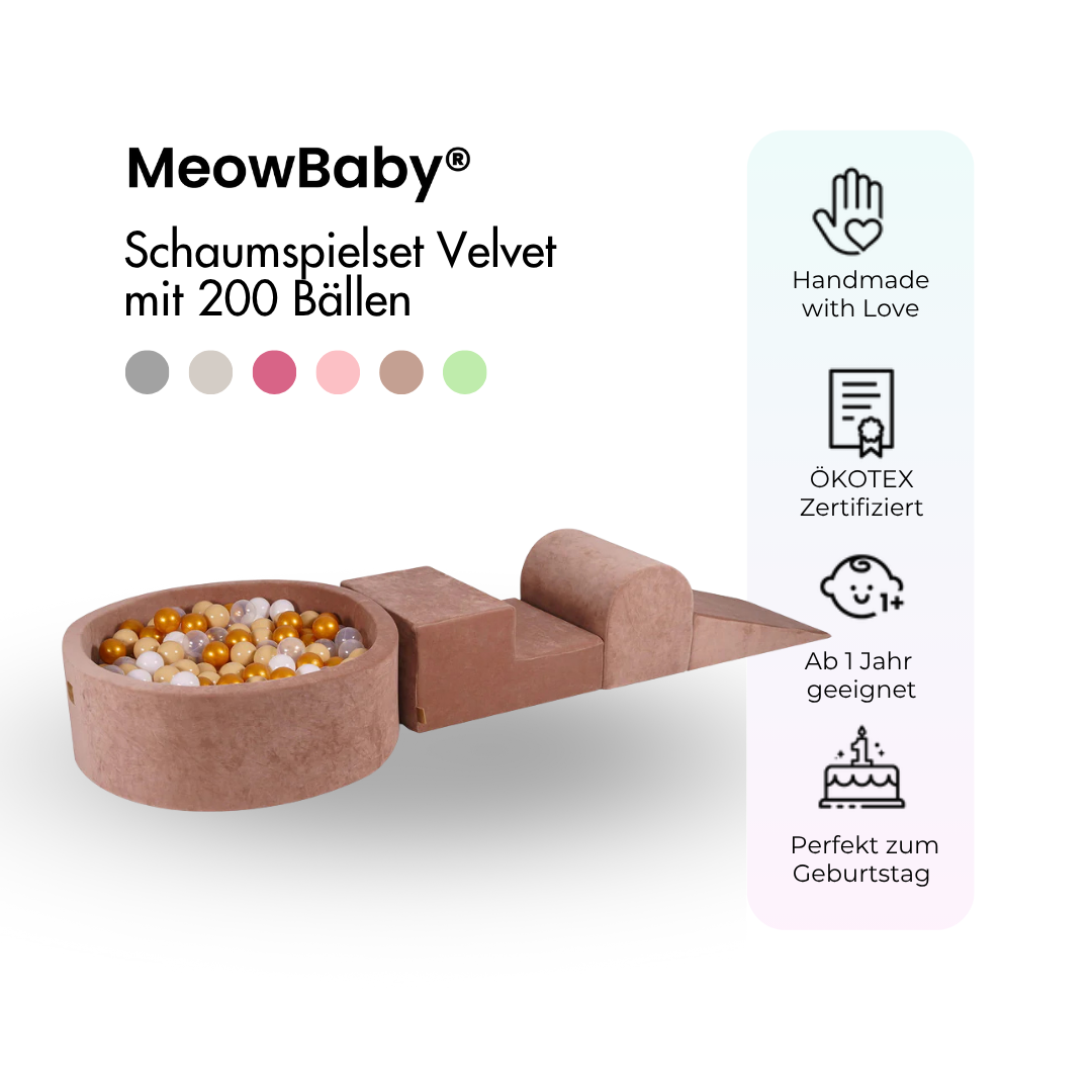 MeowBaby foam play set Velvet light grey with ball pit, 200 balls - own colour selection