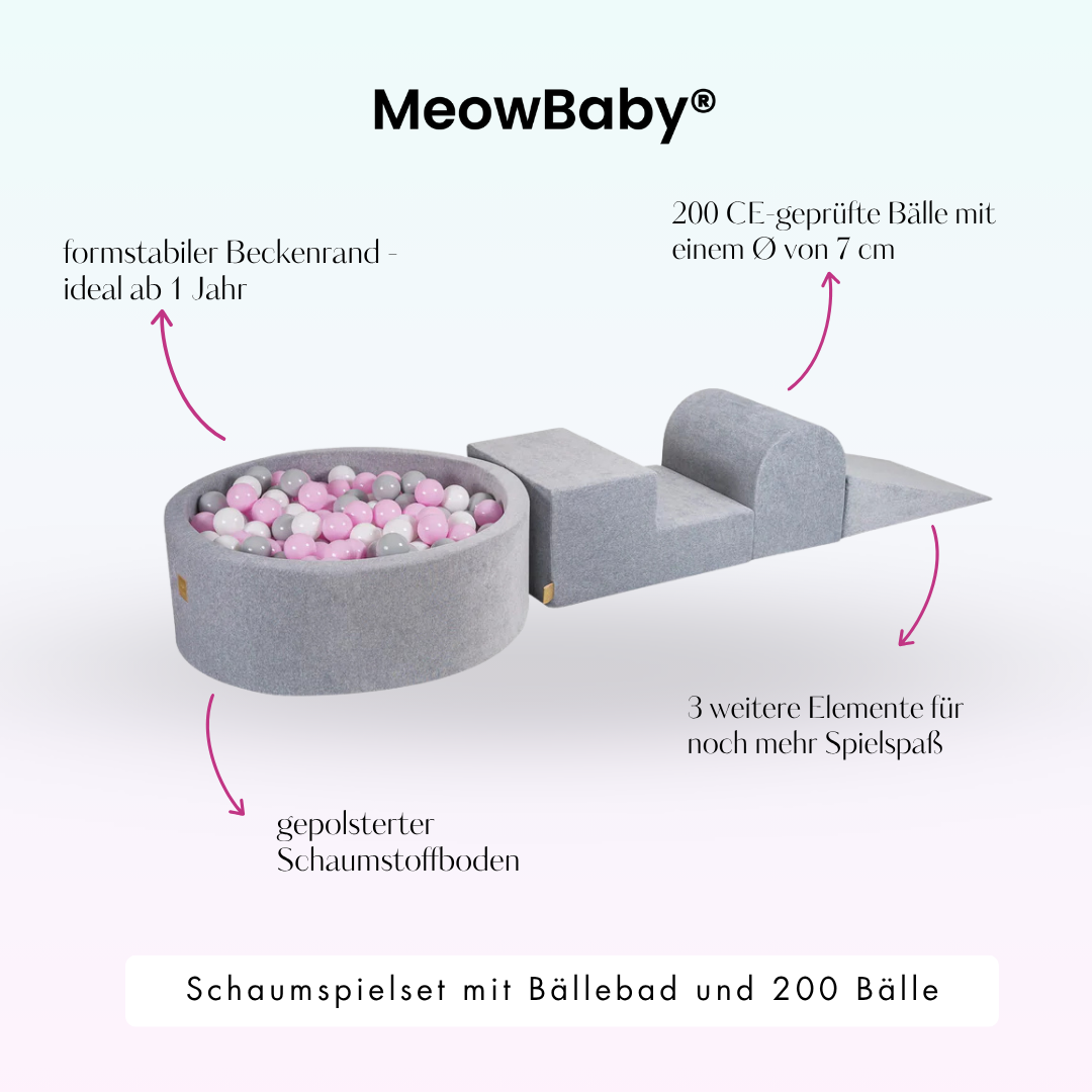 MeowBaby foam play set Velvet light grey with ball pit, 200 balls - own colour selection