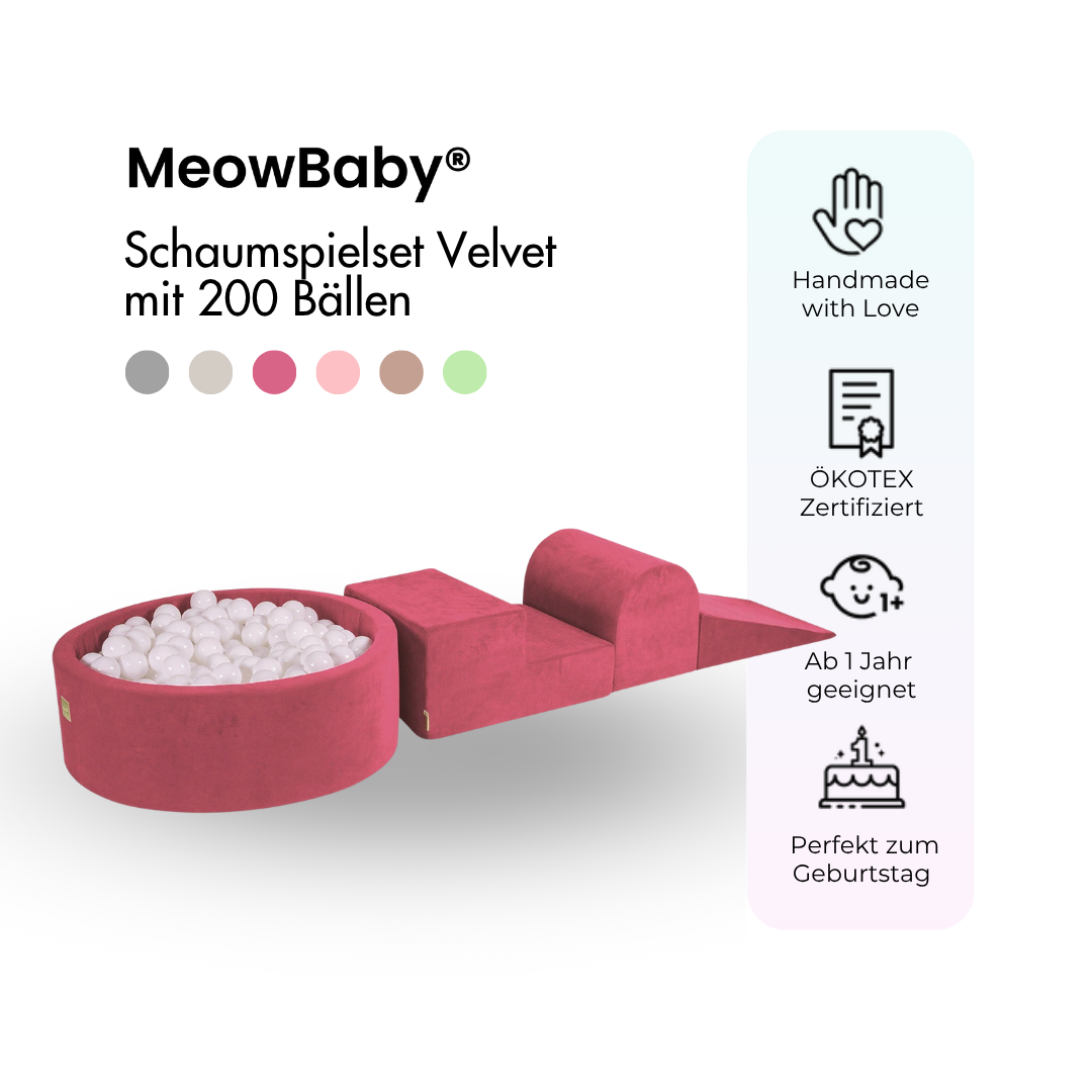 MeowBaby foam play set Velvet light grey with ball pit, 200 balls - own colour selection