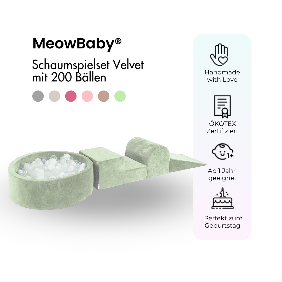 MeowBaby foam play set Velvet light grey with ball pit, 200 balls - own colour selection