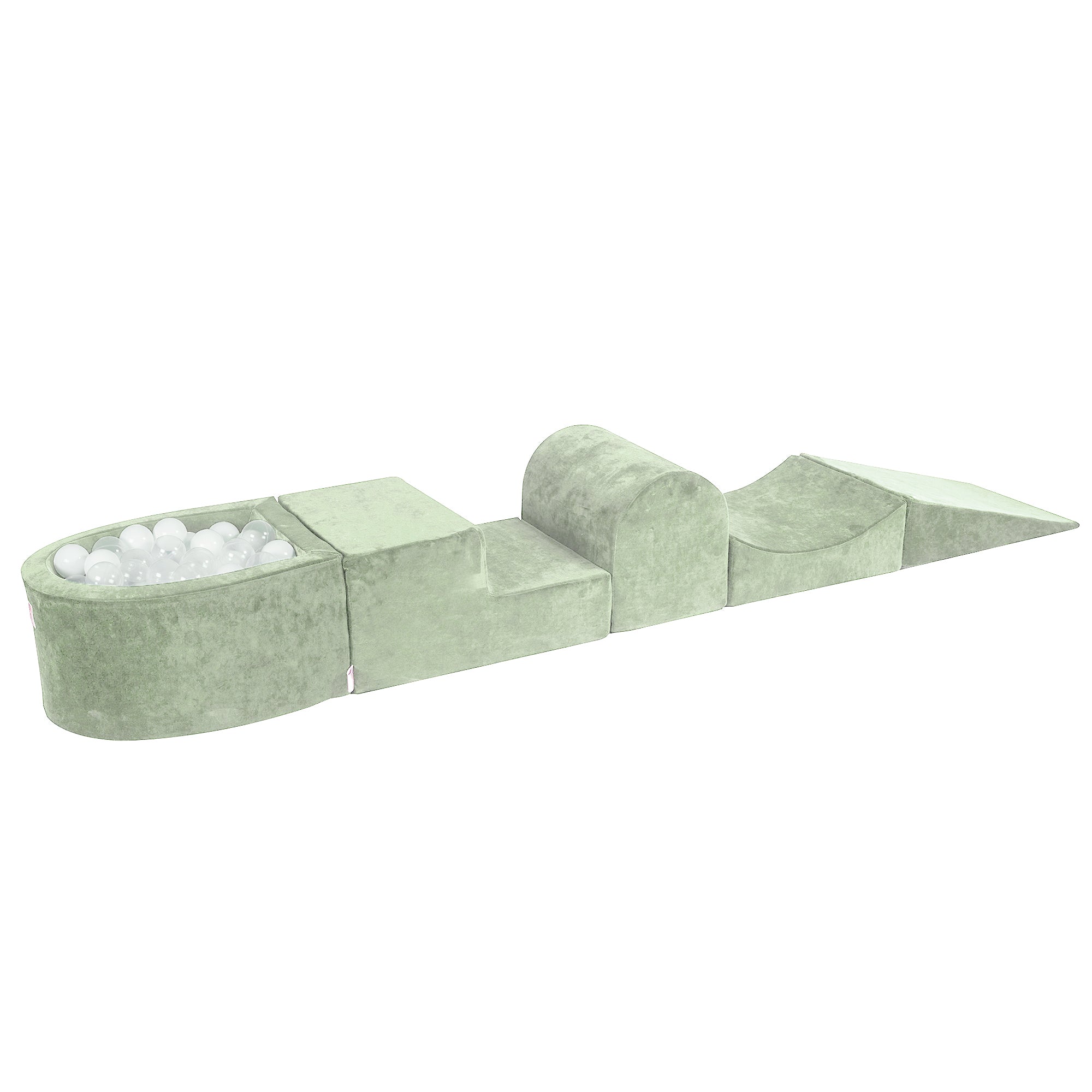 MeowBaby Schaumspielset Velvet Salbeigrün mit Bällebad, 100 Bälle – Weiss/Transparent