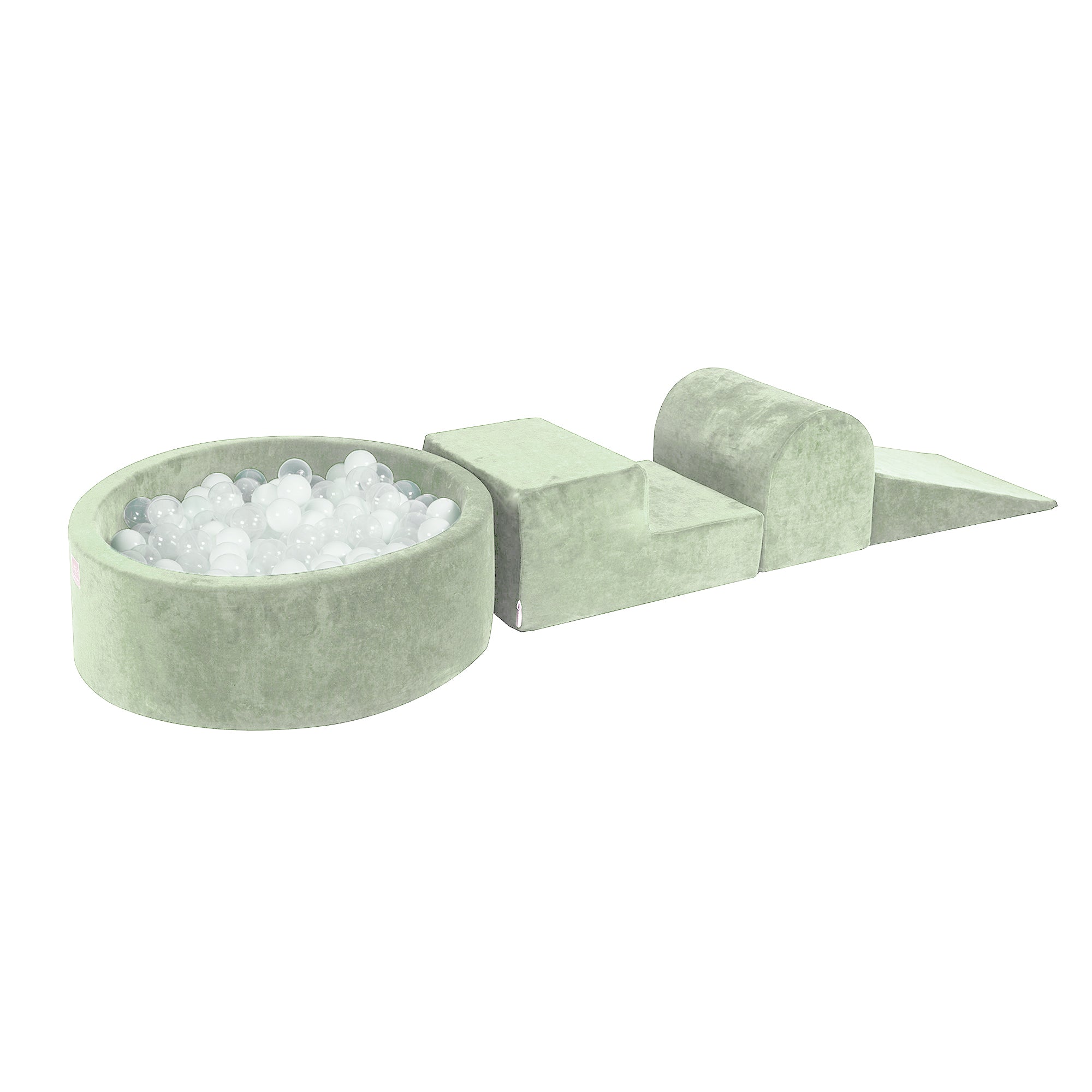 MeowBaby Schaumspielset Velvet Salbeigrün mit Bällebad, 200 Bälle – Weiss/Transparent